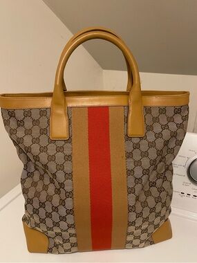 Gucci Brown GG Canvas Tote with Tan Trim and Red Center Stripe